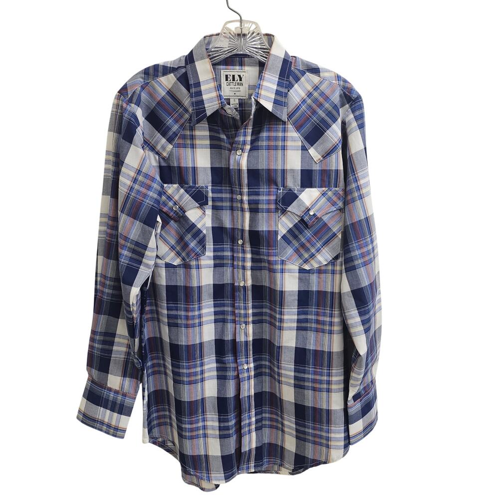 Ely Cattleman Men's Pearl Snap Long Sleeve Western Shirt Blue Plaid - S